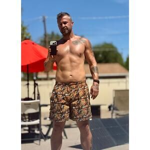 Vintage 90s Big Dogs Men's Large Tropical Palm Tree and Dogs Design Swim Trunks